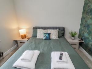 a bedroom with a green bed with a remote control on it at The Joiners Cottage in Morpeth