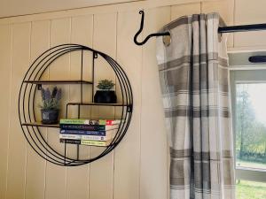 a round mirror hanging on a wall with books at Cwt Tyddyn Shepherd's Hut in Corwen