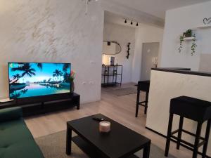 a living room with a large flat screen tv at Apartman Centar Surcin 2 in Surčin