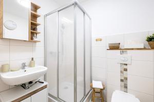 a bathroom with a shower and a sink at Gemütliches & ruhiges Apartment mit Terrasse, Garten & privatem Stellplatz in Dresden +16 photos