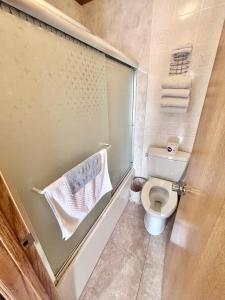 a small bathroom with a toilet and a towel at Starlite Motel in Seneca