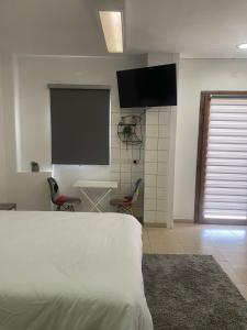 a room with a bed and a projection screen at Seaside Studio in Larnaca