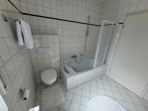 a bathroom with a tub and a toilet and a shower at Ferienwohnung Bischof in Echzell
