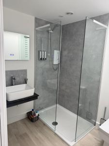 a bathroom with a shower and a sink at TomaX Garden Cabin Free Parking in Inverness