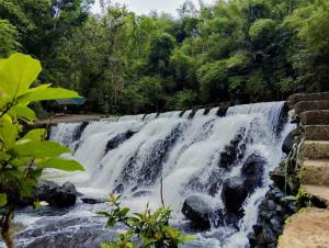 a waterfall in a park with rocks and trees at Mccp glamping and resort in Cavinti