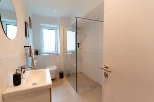 a bathroom with a shower and a sink at SeeZeit Einruhr in Simmerath
