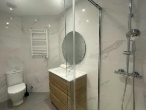 a bathroom with a shower with a toilet and a mirror at Bosko Etxea Apartamentos in Bilbao