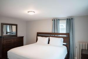 a bedroom with a bed and a dresser and a mirror at Cityside Escape Spacious with Game Room & Fire Pit in Geneva