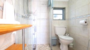 a bathroom with a toilet and a shower at Traka Cottages in Sedgefield