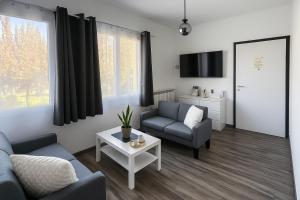 a living room with a couch and a table at Lilly Garden Lago Lugano with private parking garden and air conditioning in Porlezza