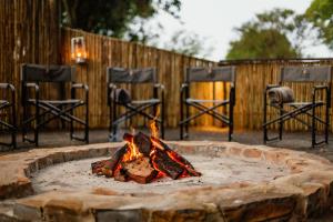 a fire pit in a yard with chairs and a fence at Cheetah Ridge Lodge in Nambiti Game Reserve