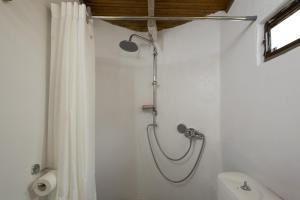 a shower in a bathroom with a shower curtain at Manoli's Light Stone House in Vathi