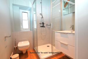 a bathroom with a shower and a toilet and a sink at Residenz R1 App 4 in Behrensdorf +41 photos