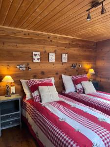 two beds in a room with wooden walls at La Demeure des Elfes in Albinen