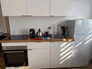 a kitchen with white cabinets and a sink and a refrigerator at Ferienwohnung LuMa in Rottenacker in Rottenacker +2 photos