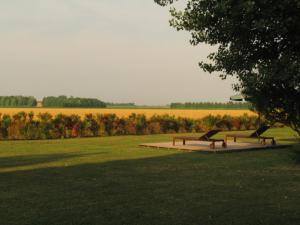 two benches in a park with a field of grass at Casa Adami Due in Brussa