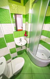 リヴィウにあるApartment on Rappoporta 7b - 2の緑と白のバスルーム(シンク、鏡付)