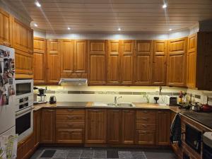 a kitchen with wooden cabinets and a white refrigerator at Villa Sevettijärvi in Sevettijärvi