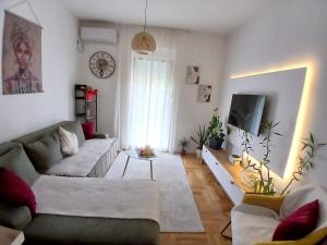 a living room with a couch and a tv at Jednosoban stan Tivat in Tivat