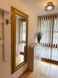 a mirror on a wall in a room with windows at Ferienwohnung Mona Lisa in Malterdingen