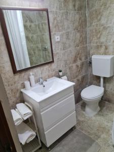 a bathroom with a sink and a toilet and a mirror at Pensiunea Clasic in Gherla