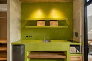 a bathroom with a sink and a green wall at The Digital Nomad Den in Jacó
