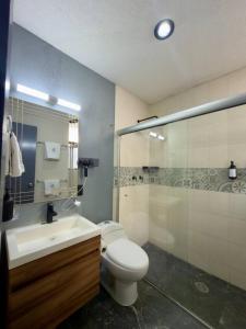 a bathroom with a toilet and a sink and a shower at AR Suites 3 La Calzada in Zamora de Hidalgo +29 photos