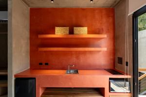 a kitchen with a sink and wooden shelves at The Penthouse Perch in Jacó
