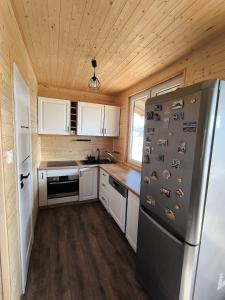eine Küche mit Kühlschrank und Holzdecke in der Unterkunft Cicha Przystań Skępe 300 m od jeziora in Skępe