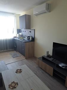 a living room with a kitchen and a television at Удобство - 3 in Petrich