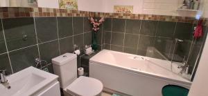a bathroom with a toilet and a tub and a sink at Chez Jo in Lewes