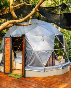 a tent on a deck with a tree at OMGHAT Glamping in El Peñol