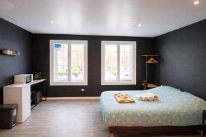 a bedroom with a bed and two windows at Suite Cinéma #7#- Jacuzzi in Roubaix