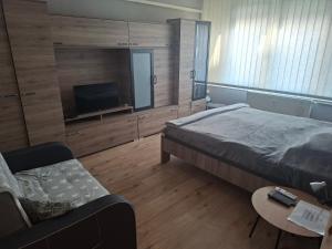 a bedroom with a bed and a tv and a couch at Dombó apartman in Dombóvár