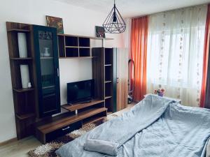 ein Wohnzimmer mit Bett und Fernseher in der Unterkunft Stejarului App in Floreşti + 8 Fotos