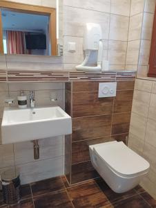 a bathroom with a sink and a toilet at Pension Savisalo in Ramsau am Dachstein
