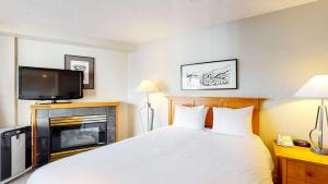 a bedroom with a bed with a fireplace and a tv at Whistler Peak Lodge in Whistler