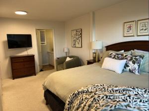 a bedroom with a bed and a chair and a television at Remarkable Mountain Escape! Breathtaking Views & Pet Friendly! in Hillsville