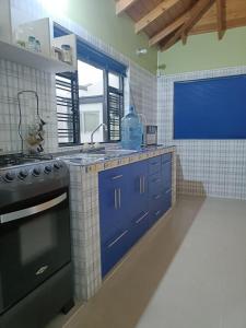 a kitchen with blue cabinets and a stove at Casa Campestre Arama in Paipa