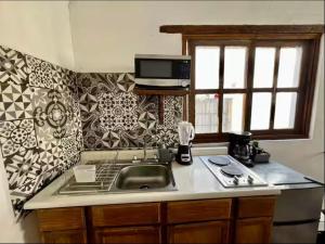 a kitchen with a sink and a microwave at Canteira Boutique Aparthotel in Guanajuato +15 photos