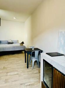 a room with a bed and a table and a bed at Canteira Boutique Aparthotel in Guanajuato