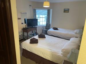 a room with two beds and a desk and a television at George and Dragon Dent in Dent