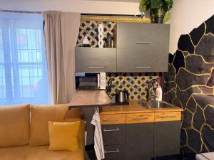 a kitchen with a couch and a sink and a microwave at Apartmán Mair Pardubice in Pardubice +9 photos