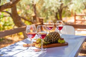 four glasses of wine and a pineapple on a table at Olympos Mocamp in Kaş