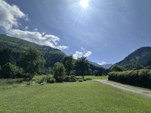 a grassy field with the sun in the sky at Chalet Villa Pia in Bichlbach +4 photos