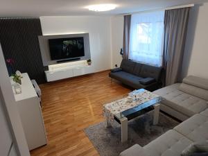 a living room with a couch and a tv at Apartmán Forst in Nová Lesná