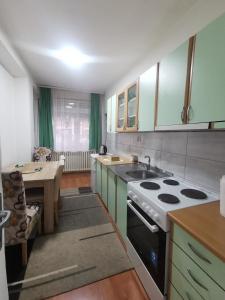 a kitchen with green cabinets and a stove top oven at Apartman Aki in Pirot