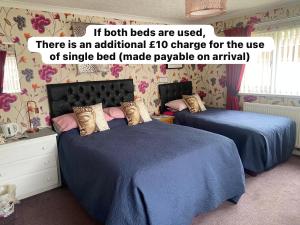 a bedroom with two beds with blue comforters at Gwynfa in Porthmadog