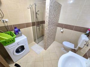 a bathroom with a shower and a washing machine at Apartman Jadranka in Vir