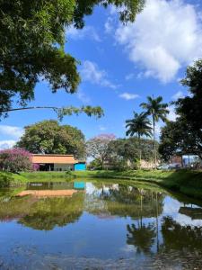 a pond in front of a building with palm trees at Hotel Colores del Arenal in Fortuna